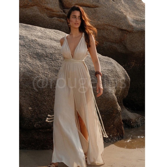 Rouge! Pants - Beige Cream Viscose Greek Goddess Jumpsuit V-Neck Braided Straps Ties
